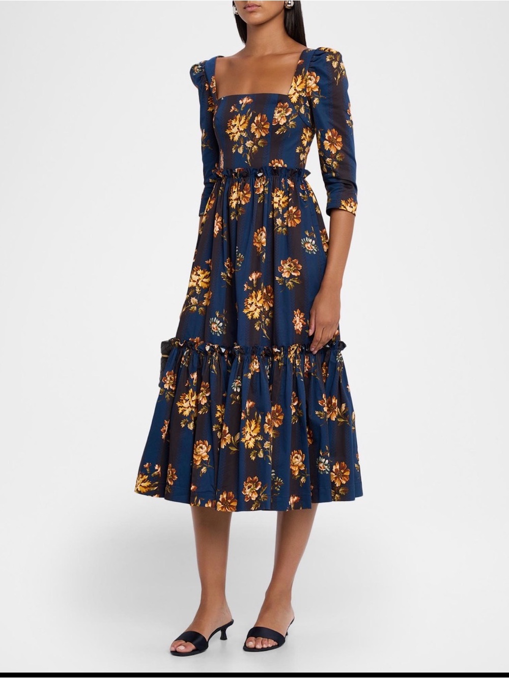 Cara Cara Blue Hill Printed Cotton Sateen Midi Dress – Navy Floral – Size 4